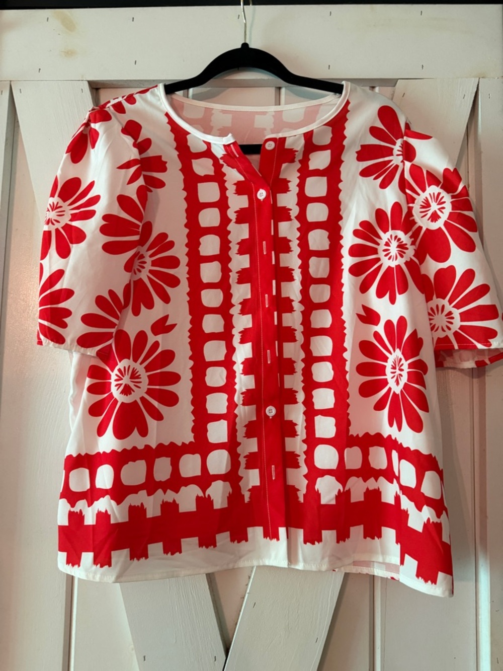 SHEIN Red and White Floral Button-Front Women's Top
